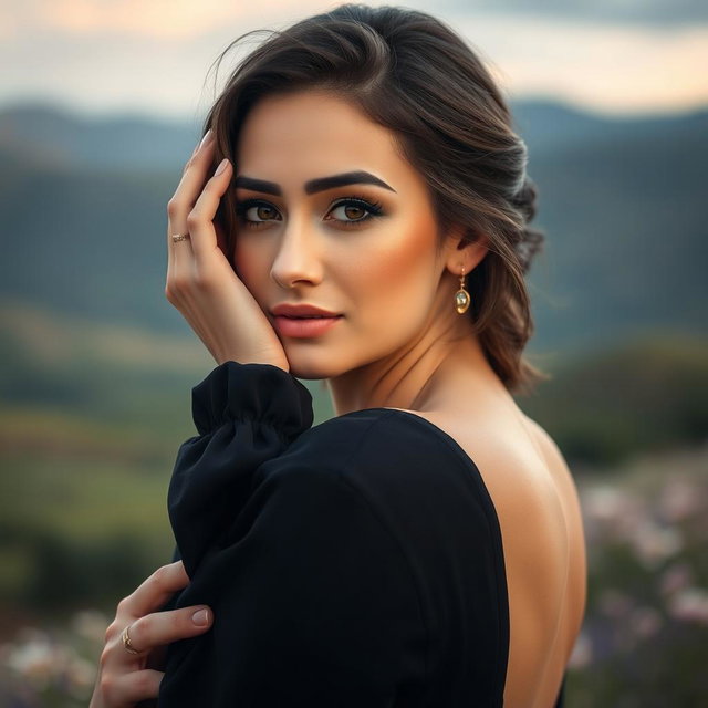 A beautiful and elegant Armenian woman posing gracefully, showcasing her natural beauty, with soft lighting highlighting her features