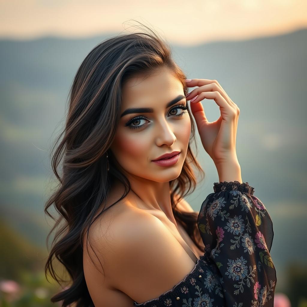 A beautiful and elegant Armenian woman posing gracefully, showcasing her natural beauty, with soft lighting highlighting her features