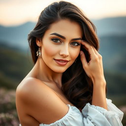 A beautiful and elegant Armenian woman posing gracefully, showcasing her natural beauty, with soft lighting highlighting her features