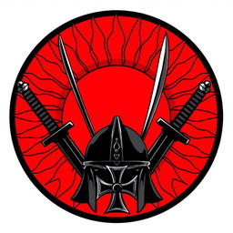 Create a circular emblem featuring a stylized red rising sun at the center