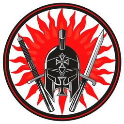Create a circular emblem featuring a stylized red rising sun at the center