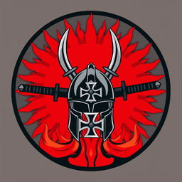 Create a circular emblem featuring a stylized red rising sun at the center