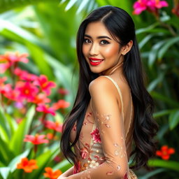 A beautiful and sexy Armenian woman wearing a traditional Indonesian kebaya, made from thin, transparent fabric that accentuates her curves