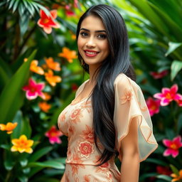 A beautiful and sexy Armenian woman wearing a traditional Indonesian kebaya, made from thin, transparent fabric that accentuates her curves