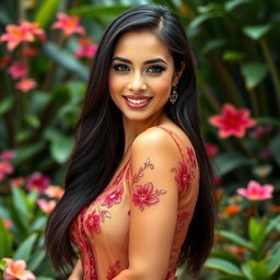 A beautiful and sexy Armenian woman wearing a traditional Indonesian kebaya, made from thin, transparent fabric that accentuates her curves