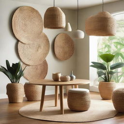 Upgrade the store gallery room with woven water hyacinth and seagrass baskets, bamboo chairs, rattan pendant lights, a futuristic teak wood table and round wall decor. Each item individually highlights an artisanal, natural aesthetic.