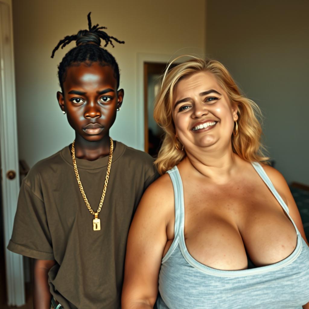 In a basic room, a young black African woman who is petite and undernourished, 25 years old, with very dark skin and an angry expression