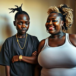 In a basic room, a young black African woman who is petite and undernourished, 25 years old, with very dark skin and an angry expression