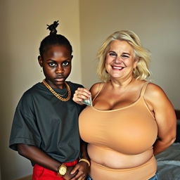 In a basic room, a young black African woman who is petite and undernourished, 25 years old, with very dark skin and an angry expression