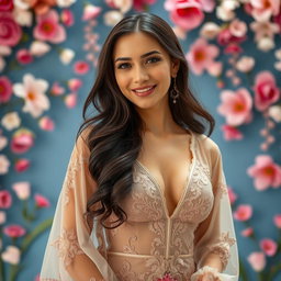 A beautiful sexy Armenian woman wearing a modern kebaya, made from a thin transparent fabric that highlights her curves