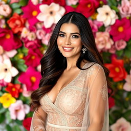 A beautiful sexy Armenian woman wearing a modern kebaya, made from a thin transparent fabric that highlights her curves