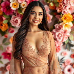 A beautiful sexy Armenian woman wearing a modern kebaya, made from a thin transparent fabric that highlights her curves