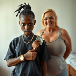 In a basic room, a young African black woman who is very petite and undernourished, 25 years old, with very dark skin and an angry expression