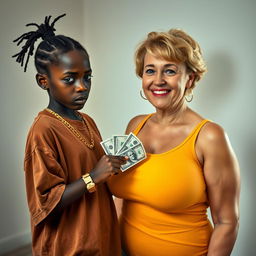 In a basic room, a young black African woman who is very petite and undernourished, at 25 years old, with very dark skin and an angry expression