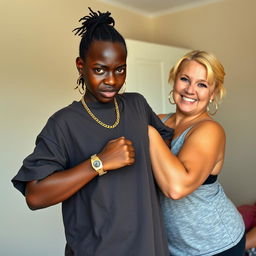 In a basic room, a young black African woman who is petite and undernourished, 25 years old, with very dark skin and an angry expression