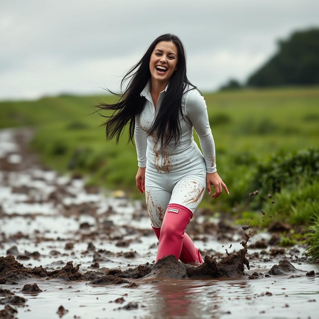 A stunning woman in her 30s, Clara, with flowing dark hair, dressed in tight white rainwear that hugs her figure