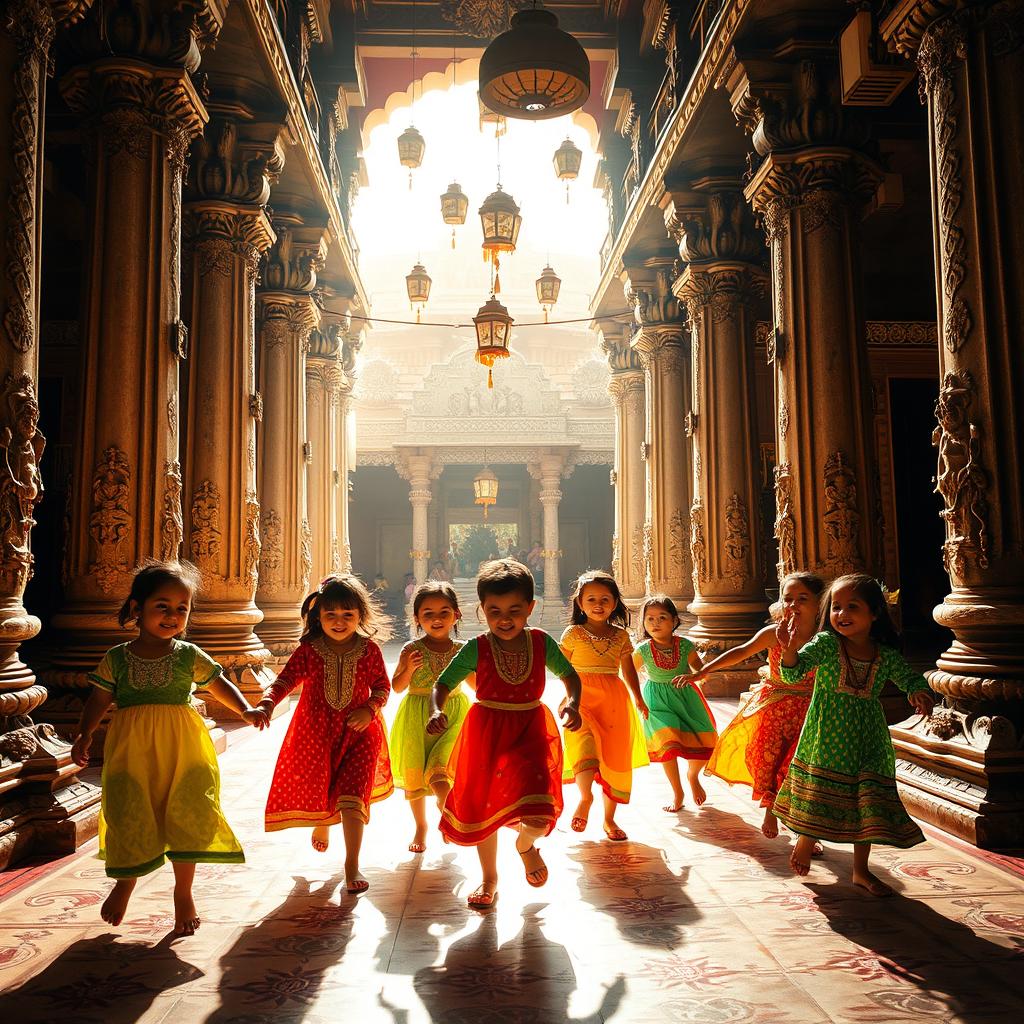 A lively scene of children playing joyfully inside a traditional South Indian temple, adorned with intricate carvings and vibrant decorations