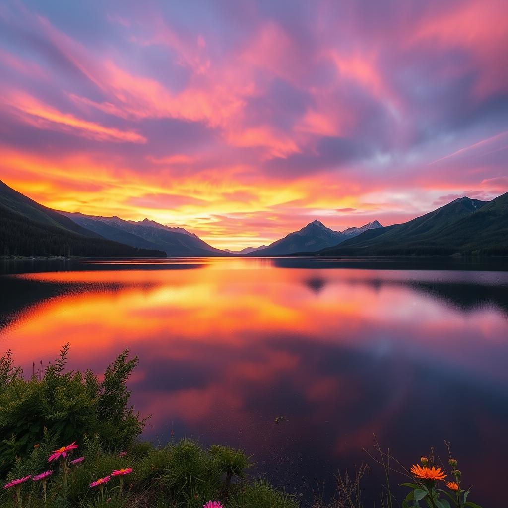 A stunning landscape photo featuring a serene lake surrounded by majestic mountains during sunset