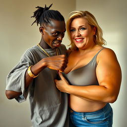 In a basic room, a young black African woman who is very petite and undernourished, 25 years old, with very dark skin and an angry expression