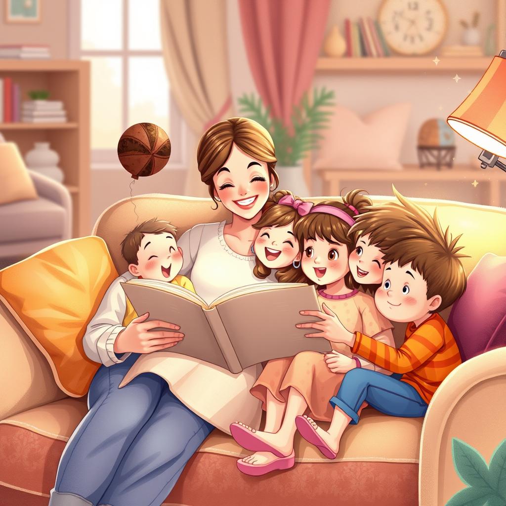 A whimsical, colorful illustration in a children's book style depicting a loving mother sitting comfortably on a cozy sofa, animatedly telling a story to her four daughters and one son