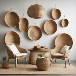 Upgrade the store gallery room with woven water hyacinth and seagrass baskets, bamboo chairs, rattan pendant lights, a futuristic teak wood table and round wall decor. Each item individually highlights an artisanal, natural aesthetic.