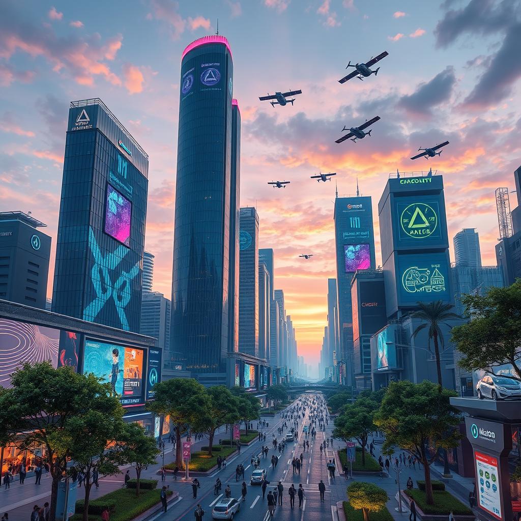 A futuristic cityscape featuring advanced technology, with towering skyscrapers made of glass and steel, vibrant holographic advertisements, and flying vehicles in the sky