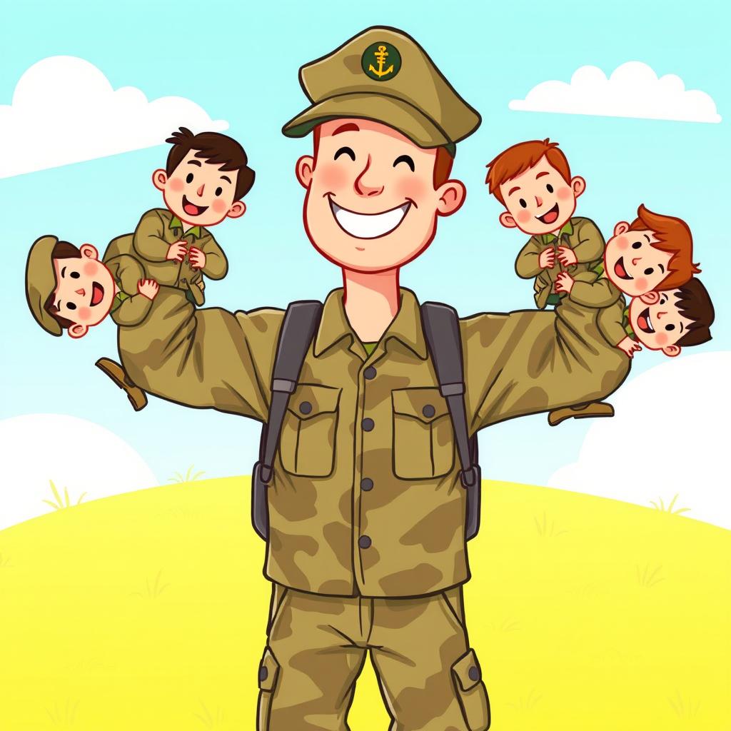 A colorful, whimsical illustration in a children's book style featuring a strong military man with a friendly smile, carrying all of his fellow soldiers on his back