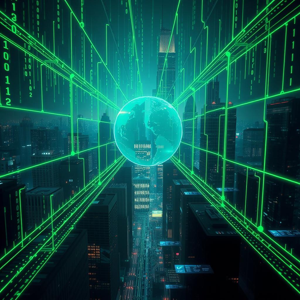 A futuristic interpretation of Matrix-style technology, featuring a series of interconnected digital channels represented as vibrant green streams of data flowing through a dark, high-tech cityscape