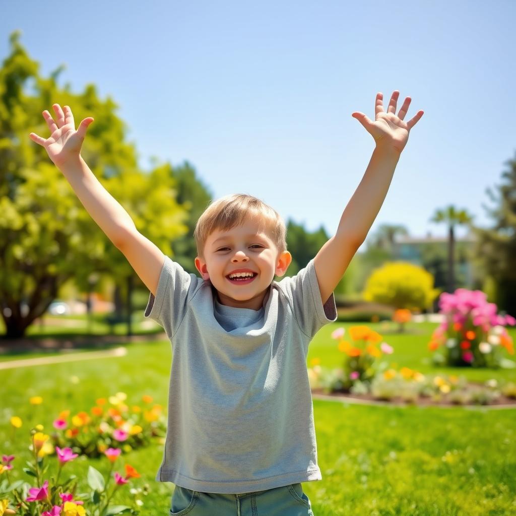 A young boy joyfully raising his hands in the air, expressing excitement and happiness