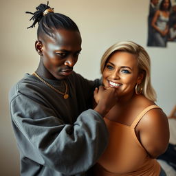 In a basic room, a young black African woman who is very petite and undernourished, 25 years old, with very dark skin and an angry expression