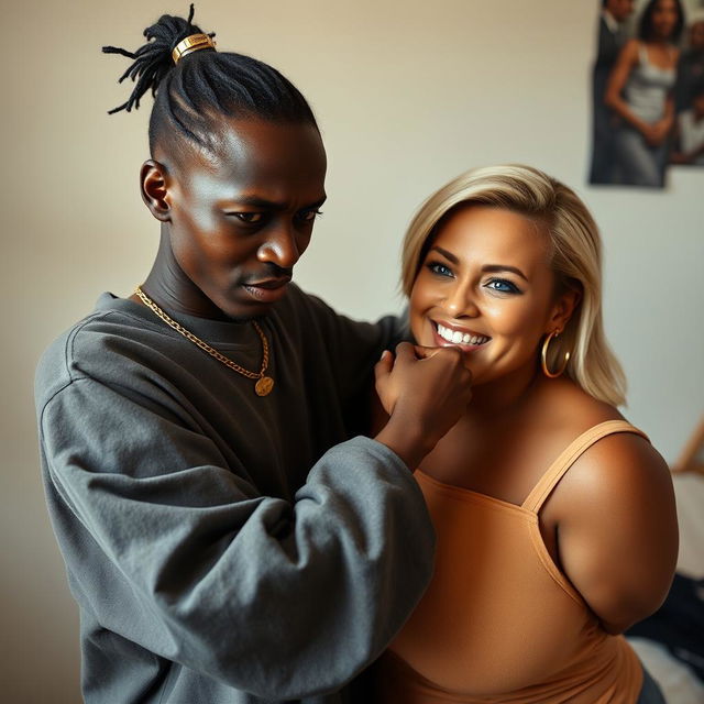 In a basic room, a young black African woman who is very petite and undernourished, 25 years old, with very dark skin and an angry expression