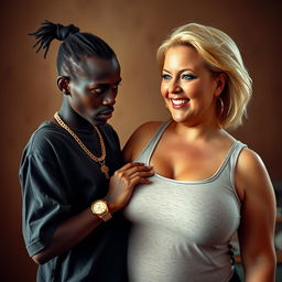 In a basic room, a young black African woman who is very petite and undernourished, 25 years old, with very dark skin and an angry expression