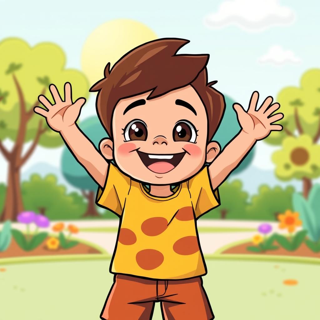 A cheerful cartoon boy raising his hands in excitement, filled with joy and energy