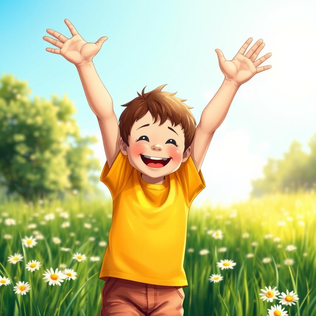 A realistic depiction of a joyful young boy raising his hands in celebration, his face beaming with happiness
