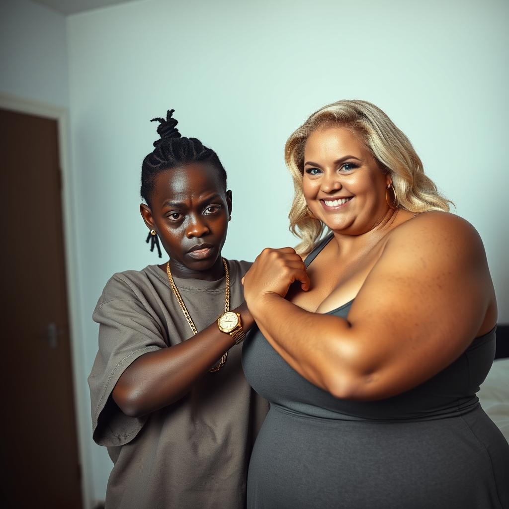 In a basic room, a young black African woman, petite and undernourished, 25 years old, with very dark skin and an angry expression