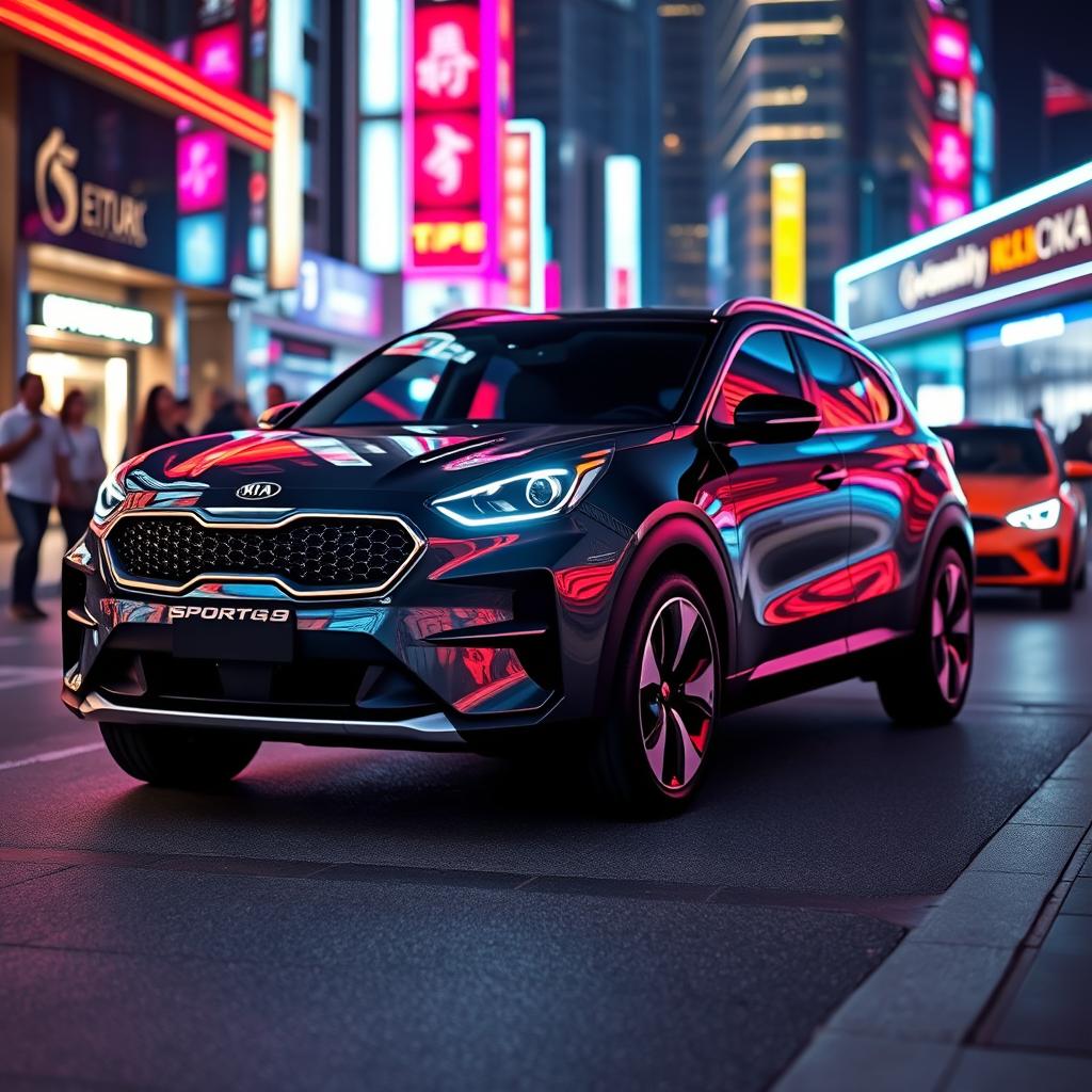 A futuristic 2029 Kia Sportage parked on a sleek urban street, illuminated by neon city lights