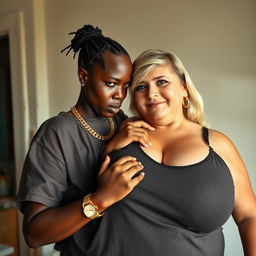 In a basic room, a young black African woman, very petite and undernourished, 25 years old, with very dark skin and an angry expression