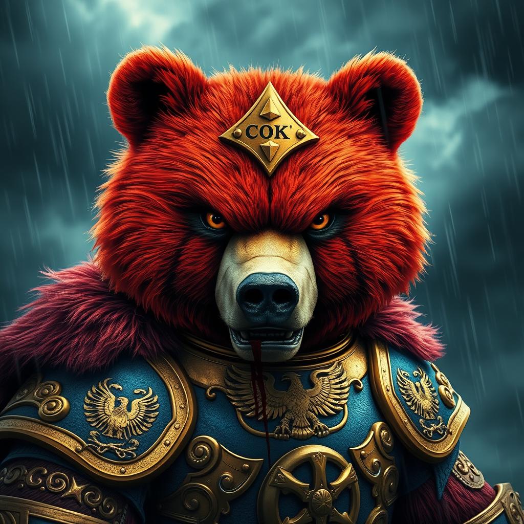 A fierce red bear dressed in ornate golden and blue armor gazes intensely with a menacing expression, framed against a stormy background
