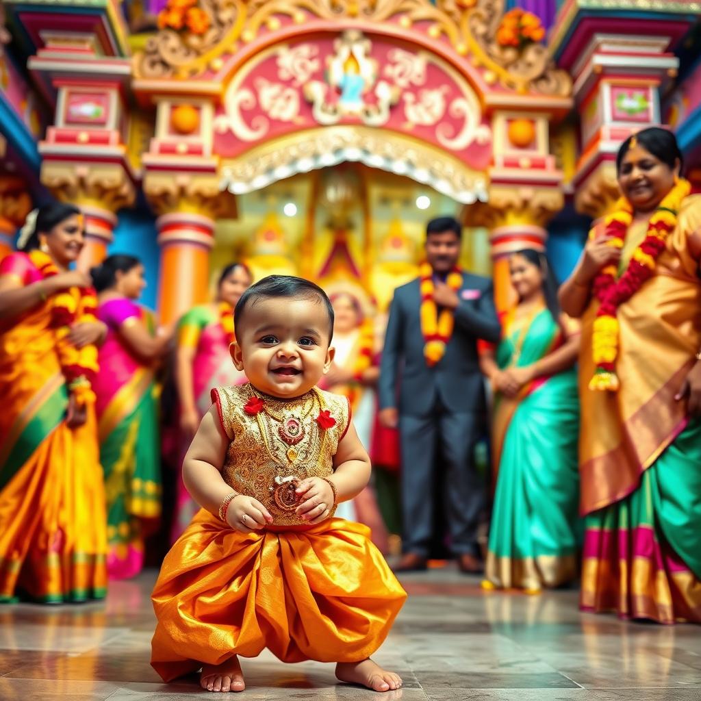 A vibrant and joyful scene of a South Indian wedding taking place in a colorful temple