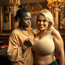 In a room filled with an ambiance of excess, a young black African woman, very petite and undernourished, 25 years old, with very dark skin and an angry expression