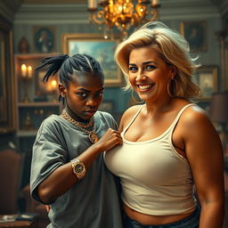 In a room filled with an ambiance of excess, a young black African woman, very petite and undernourished, 25 years old, with very dark skin and an angry expression