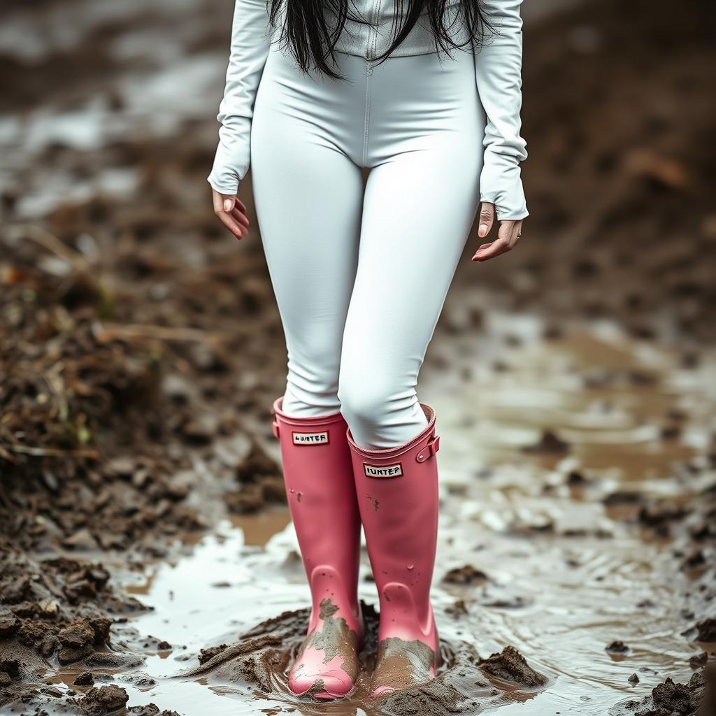 A stunning woman in her 30s with dark hair, wearing tight white rainwear that clings to her figure