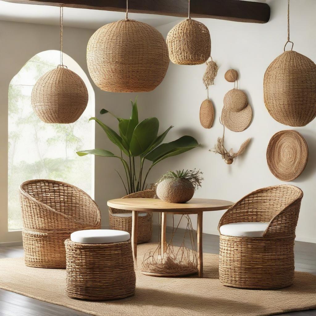 Upgrade the store gallery room with woven water hyacinth and seagrass baskets, bamboo chairs, rattan pendant lights, a futuristic teak wood table and round wall decor. Each item individually highlights an artisanal, natural aesthetic.