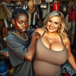 In a chaotic shack filled with a sense of excess, a young black African woman, very petite and undernourished, 25 years old, with very dark skin and an angry expression