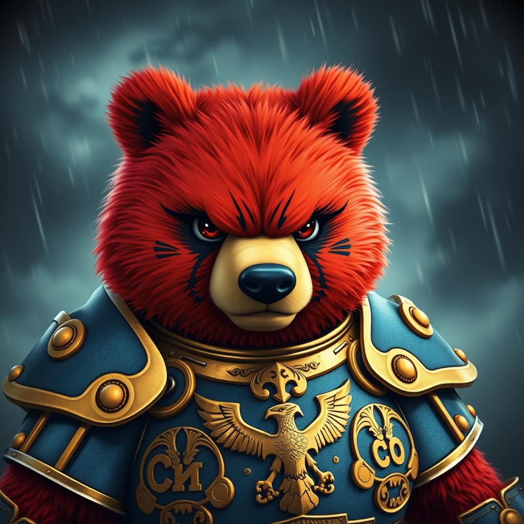 A fierce red bear dressed in ornate golden and blue armor gazes intensely with a slightly sweeter yet still menacing expression, framed against a stormy background