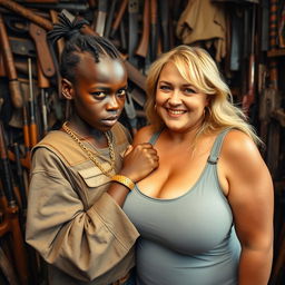 In a chaotic shack filled with weapons, a young black African woman, very petite and undernourished, 25 years old, with very dark skin and an angry expression