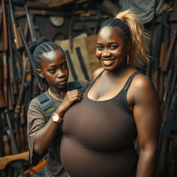 In a chaotic shack filled with weapons, a young black African woman, very petite and undernourished, 25 years old, with very dark skin and an angry expression