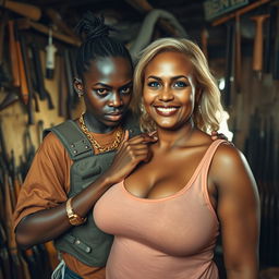 In a chaotic shack filled with weapons, a young black African woman, very petite and undernourished, 25 years old, with very dark skin and an angry expression