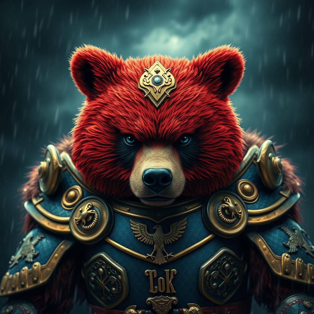 A fierce red bear dressed in ornate golden and blue armor gazes intensely with a menacing expression, framed against a stormy background