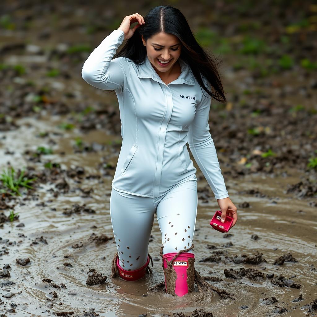Clara, a stunning woman in her 30s with dark hair, wearing a form-fitting white rain outfit, struggling playfully in deep mud
